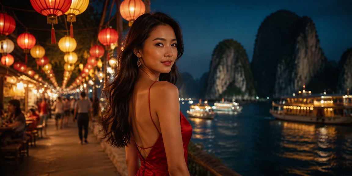 Người chơi theo dõi kèo bóng đá vn790 tại chợ đêm Hạ Long Bay về đêm